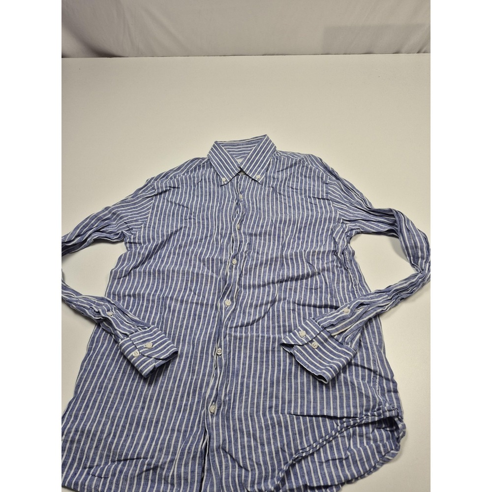 Sorrento Shirt Mens L Blue White Stripe 100% Linen Long Sleeve Button Up FLAW